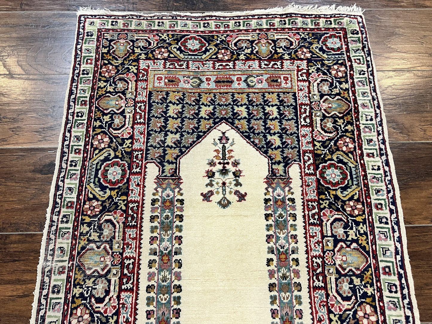 Turkish Prayer Rug Two Point Five By Four Vintage Wool Hand Knotted Ivory Carpet