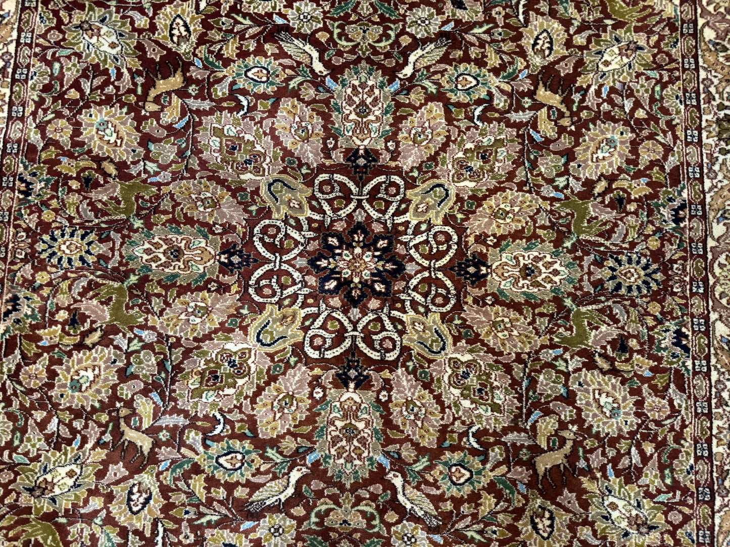 Tree Of Life Kashmiri Rug 6x9 Indian Wool Hand Knotted Rust Red Cream Animal Pictorials