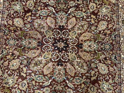 Tree Of Life Kashmiri Rug 6x9 Indian Wool Hand Knotted Rust Red Cream Animal Pictorials