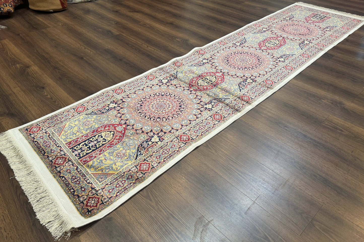 Turkish Silk Runner Rug 2.6 x 10, Dome Design, Hereke Runner, Bamboo Silk, New