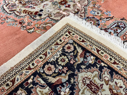 Persian Tabriz Rug 10x13, Wool Hand Knotted Vintage Carpet, Salmon Red & Ivory, Semi Open Field, Birds & Animal Motifs, Large Rug