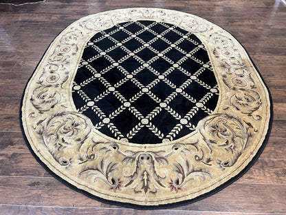 Tibetan Rug Oval 8 By 10 Wool Handmade French Aubusson Design Vintage Carpet