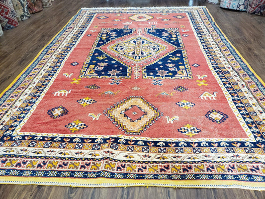 Moroccan Rug Vintage Hand Knotted Wool Carpet 6.6 by 9.8 Ft Bohemian Salmon Red Navy Blue Room Sized