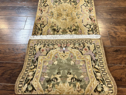 Tibetan Runner Rug 2.6 x 10, French Aubusson Pattern, Gold Olive Green, Vintage Handmade European Design, Wool Hallway Rug