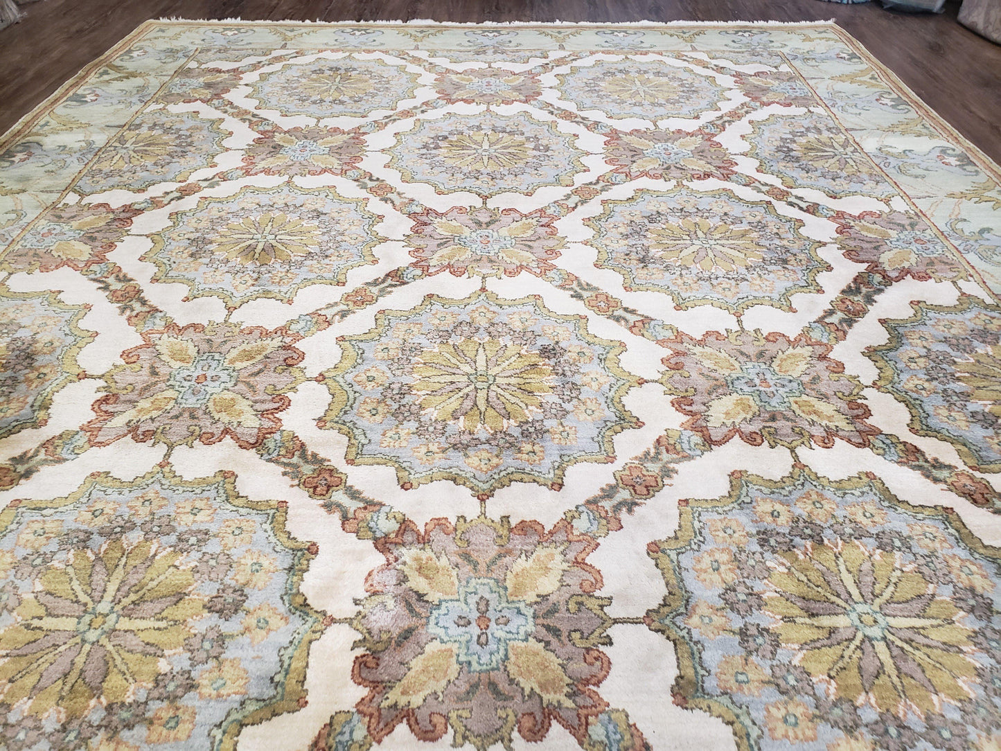 Indo Sultanabad Area Rug 8 x 9.5, Wool Hand-Knotted Ivory Green Teal Decorative Rug, Floral Panel Carpet, Indian Rug, 8 x 10 Bedroom Rug