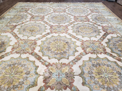 Indo Sultanabad Area Rug 8 x 9.5, Wool Hand-Knotted Ivory Green Teal Decorative Rug, Floral Panel Carpet, Indian Rug, 8 x 10 Bedroom Rug