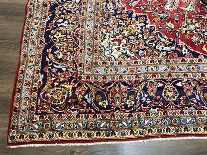 Persian Kashan Rug 9x12 Handmade Wool Oriental Carpet With Floral Medallion And Corner Design