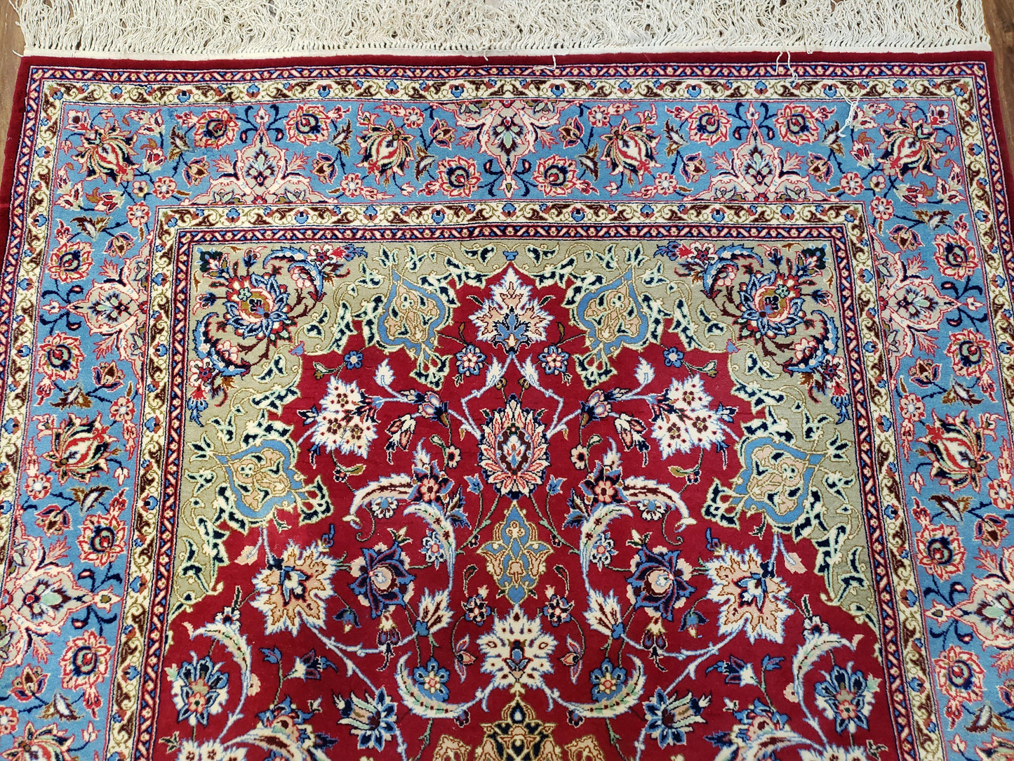 Semi Antique Persian Isfahan Rug, Kork Wool on Silk Foundation, Red & Blue, Top Quality, 3'6" x 5' 6"