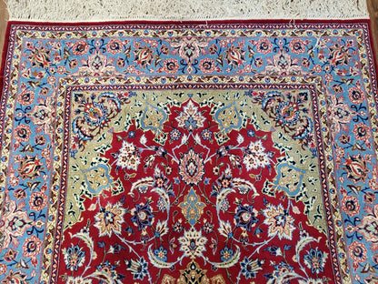 Semi Antique Persian Isfahan Rug, Kork Wool on Silk Foundation, Red & Blue, Top Quality, 3'6" x 5' 6"
