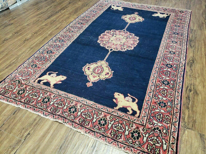 Turkish Ghiordes Wool Rug Antique 4x6 Handmade Lions Pattern With Vegetable Dyes
