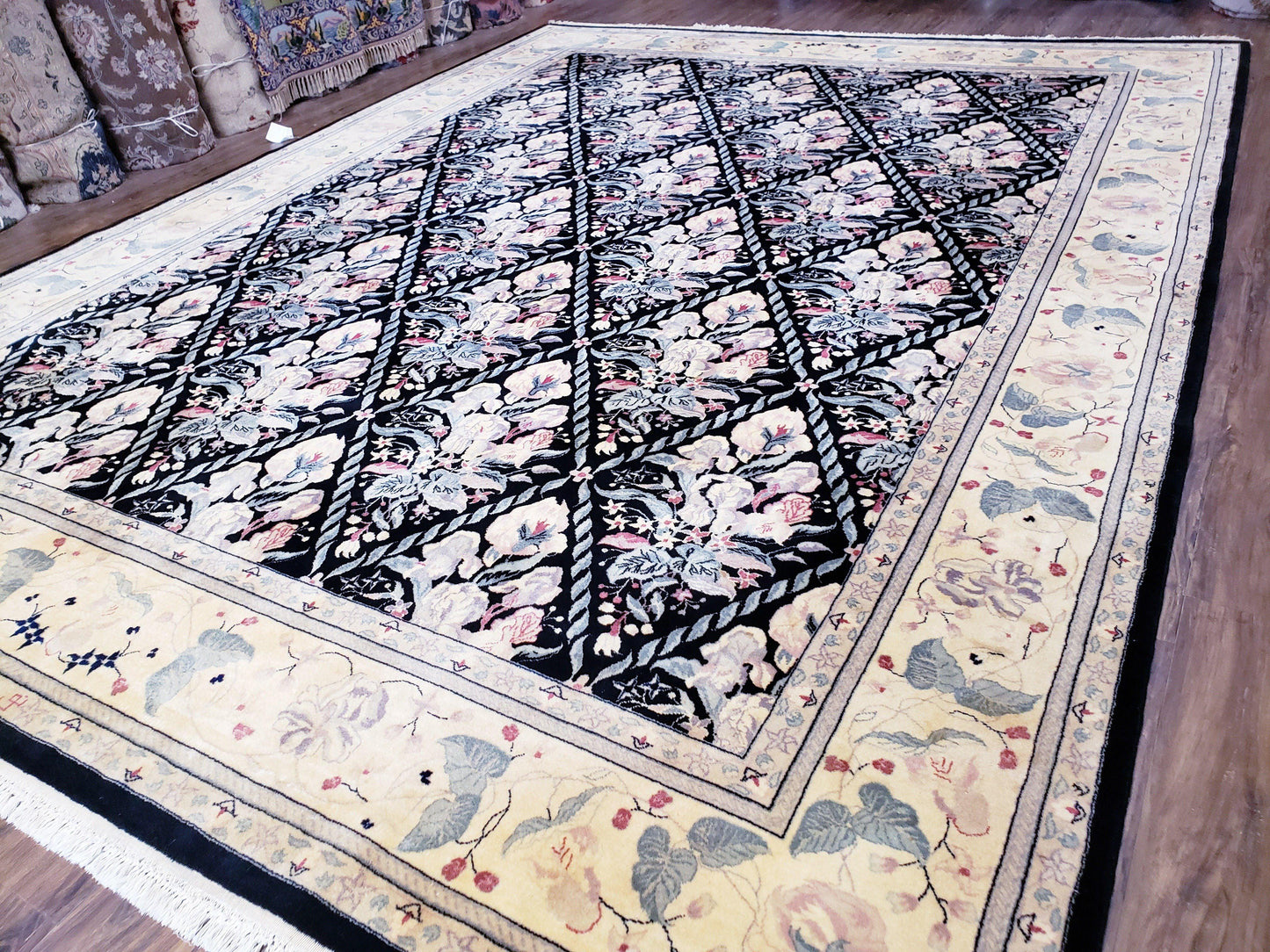 Black Kirman Rug, 8x11 - 9x12 Rug, Sino-Persian Rug, Floral Oriental Carpet, Handmade Rug, Black and Ivory Rug, Room Sized Area Rug, Wool