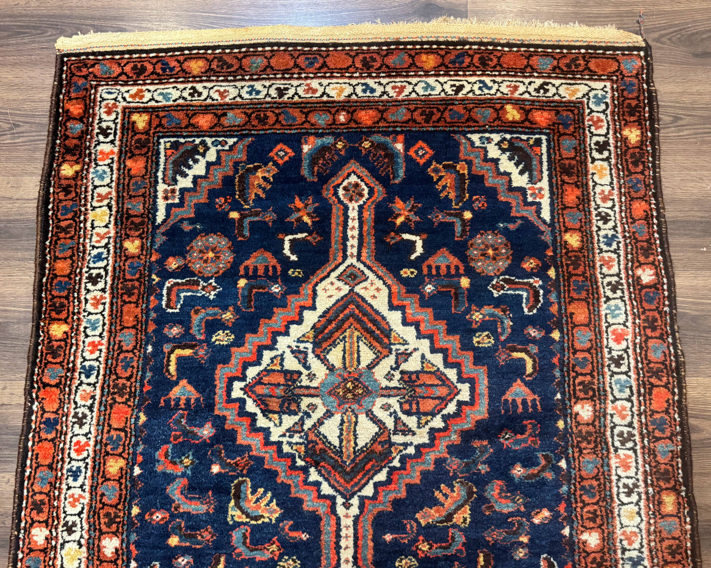 Persian Hamadan Rug 4x6 Antique Navy Blue Geometric Double Medallions Tribal Carpet