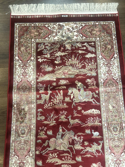 Turkish Silk Rug 2.6 x 6.7, Hunting Design, Short Runner Rug, Red & Ivory, Bamboo Silk, New