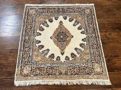Persian Kirman Square Rug 4x4 Handmade Wool Hand Knotted Semi Open Field