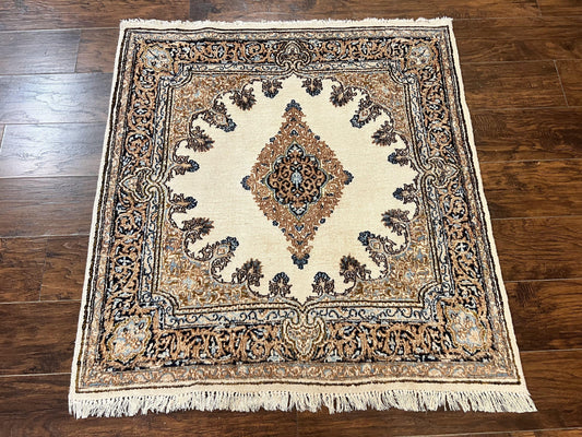 Persian Kirman Square Rug 4x4 Handmade Wool Hand Knotted Semi Open Field