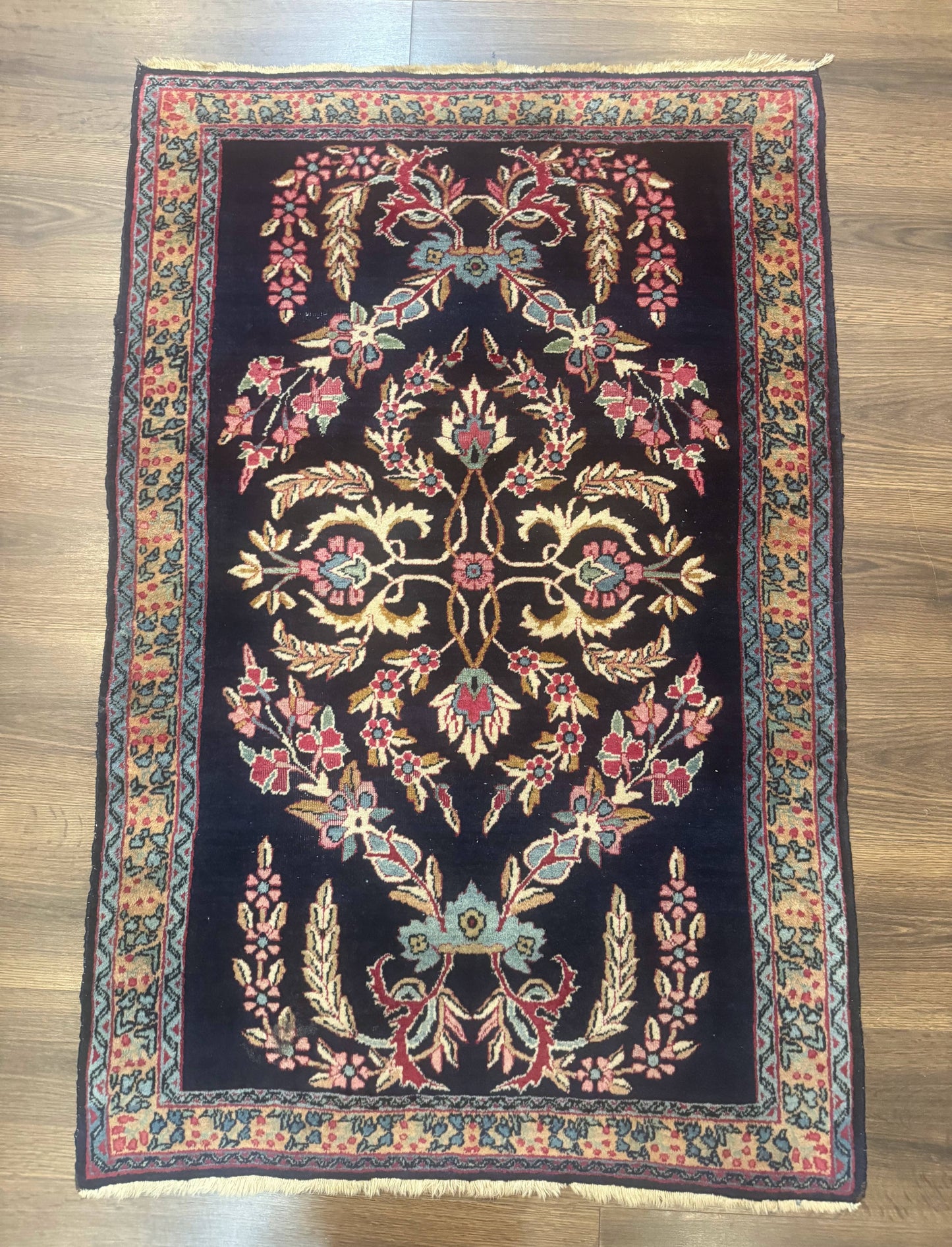 Persian Kerman Rug Antique Navy Blue Floral 2 Ft 8 In By 4 Ft Hand Woven