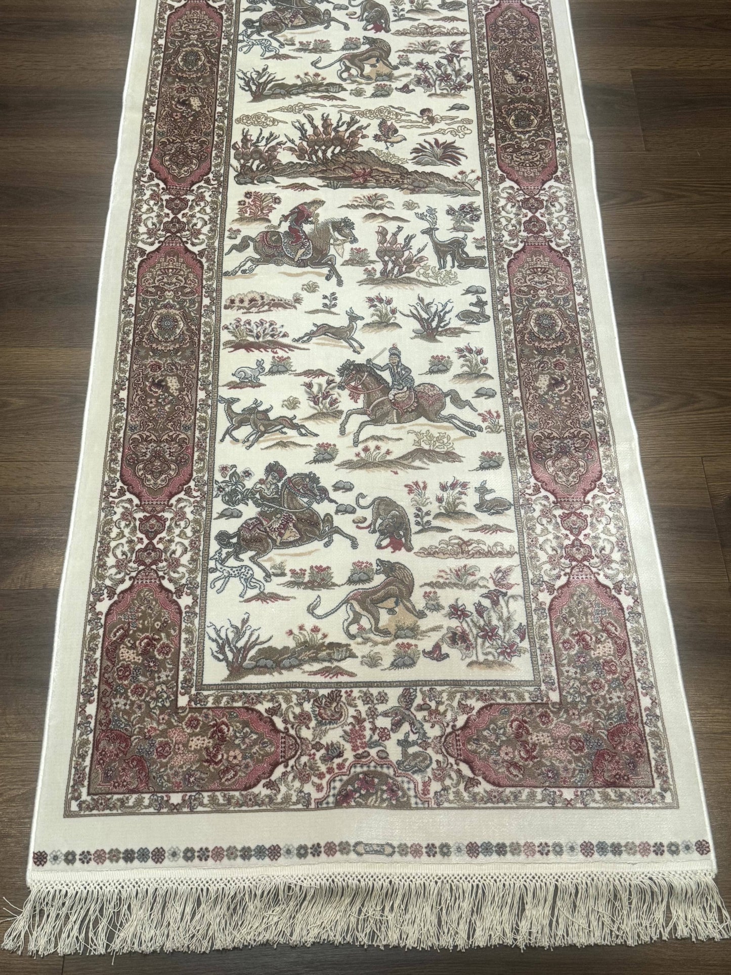 Turkish Silk Runner Rug 2.6 x 8, Hunting Design, Ivory, Bamboo Silk, New
