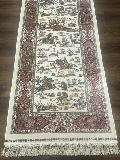 Turkish Silk Runner Rug 2.6 x 8, Hunting Design, Ivory, Bamboo Silk, New