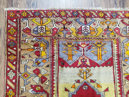 Antique Turkish Prayer Rug Handwoven Wool 3.8 By 5 Feet Colorful Red Blue Gold Anatolian Carpet