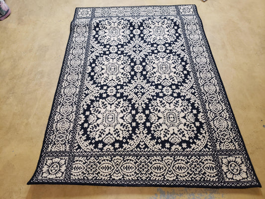 Power-Loomed Rug 4x6 Navy Ivory Oriental Carpet Wool Acrylic Blend