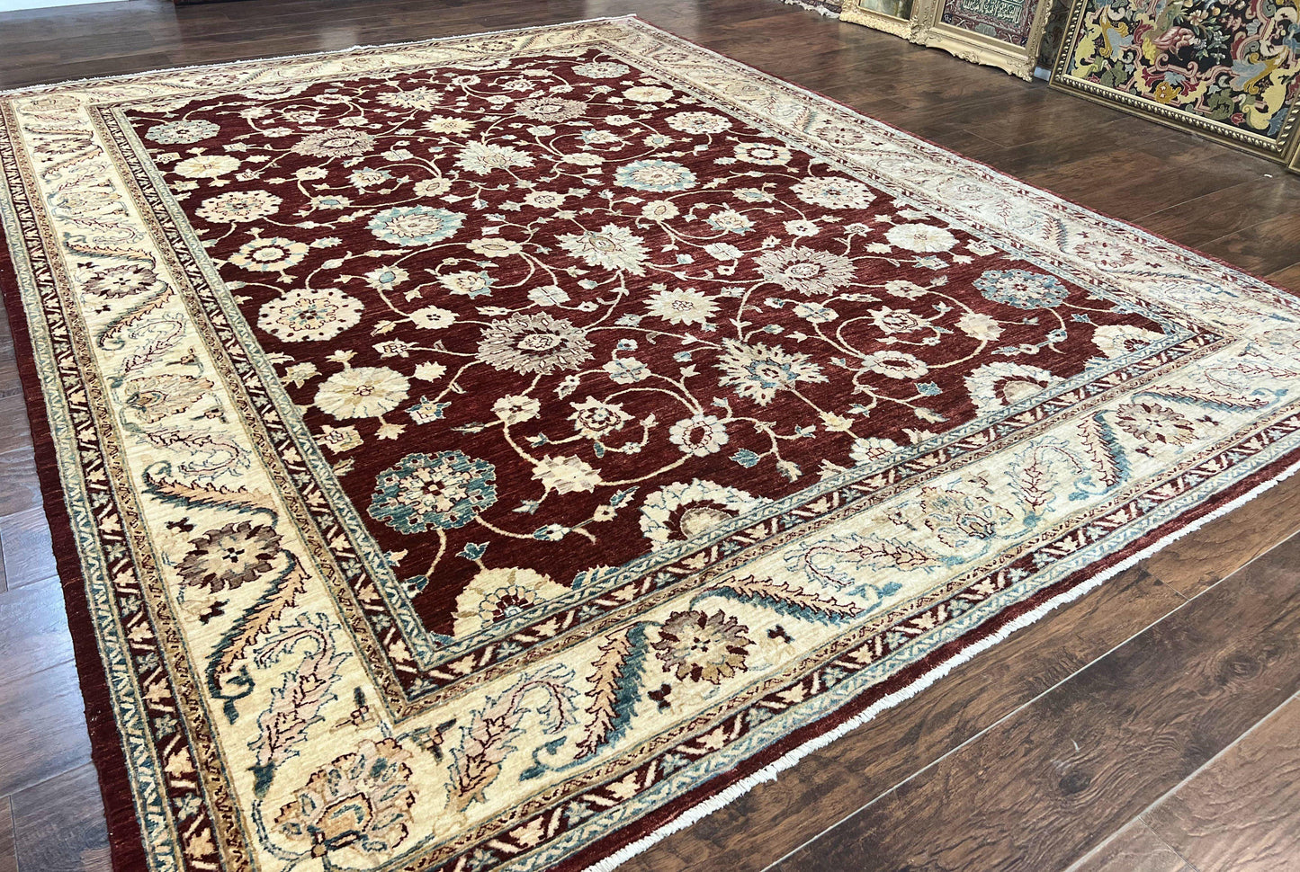 Peshawar Rug 9x11, Pakistani Oriental Carpet, Maroon and Beige, Floral Allover, Wool Hand Knotted Handmade Vintage Rug