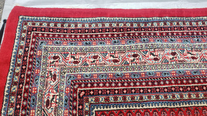 Persian Sarouk Mir Pattern, Red and Beige, Hand-Knotted, Wool, Paisley Boteh Design, 9'9" x 13', Semi Antique
