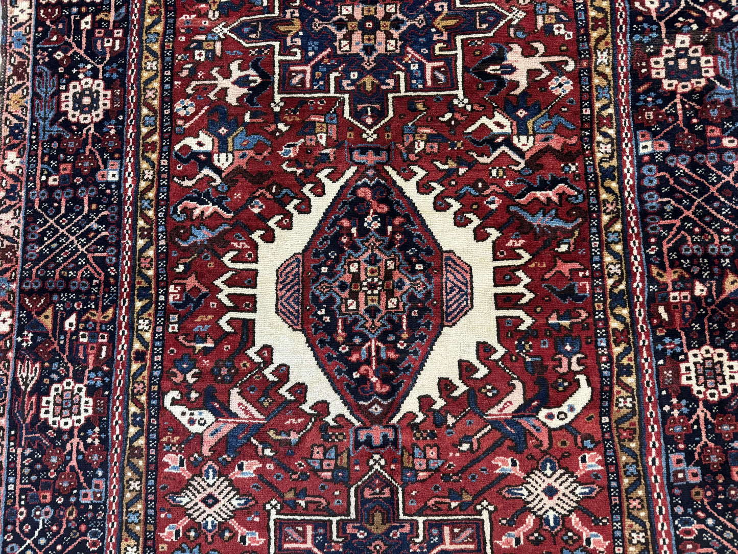 Persian Karajeh Rug 5x6, Antique Heriz Carpet, Geometric, Persian Tribal Rug, Brick Red Navy Blue