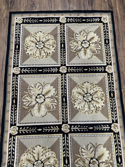 Needlepoint Runner Rug 3x8 Panel Design Rug, Flatweave Runner Rug, English Design, Floral, Short Runner Rug, Black and Beige Wool Hand-Woven