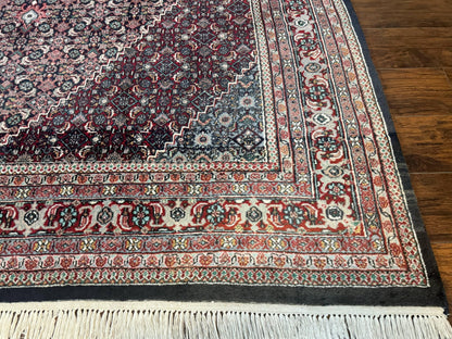 Indo Persian Bidjar Rug 8x11, Herati Mahi Pattern, Red Navy Blue, Handmade Vintage Wool Carpet