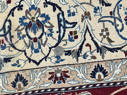 Persian Nain Rug 6x10, Wool and Silk Highlights, Red and Ivory, Floral Medallion, Vintage Handmade Hand Knotted, Fine 225 KPSI, Traditional Rug