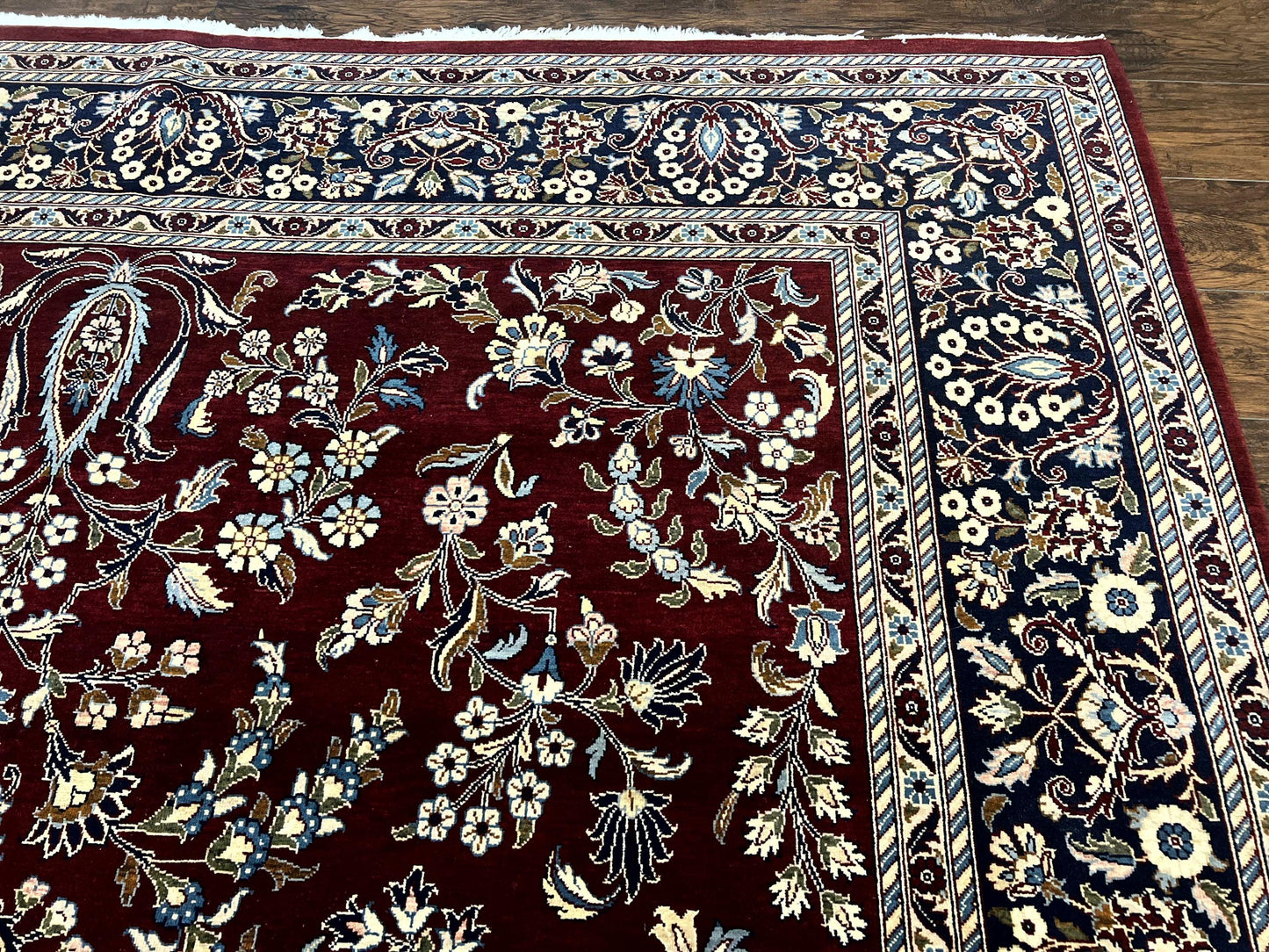 Indo Persian Sarouk Rug 9x12, Floral Allover, Dark Red & Navy Blue, Handmade Vintage Wool Carpet