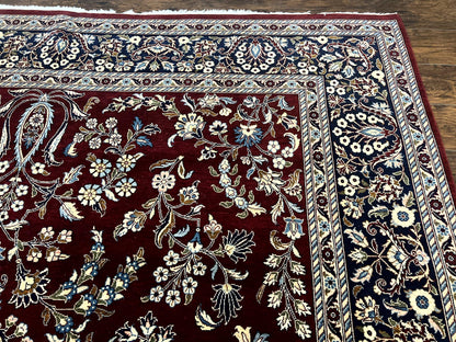Indo Persian Sarouk Rug 9x12, Floral Allover, Dark Red & Navy Blue, Handmade Vintage Wool Carpet
