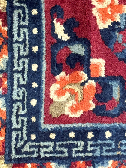 Small Antique Chinese Square Rug 2x3, Tibetan Rug, Red Orange Blue, 1920s Rug
