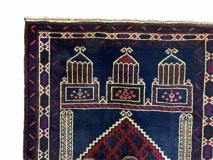 Balouchi Prayer Rug 3x5 Vintage Handmade Tribal Wool Afghan Rug Red Blue