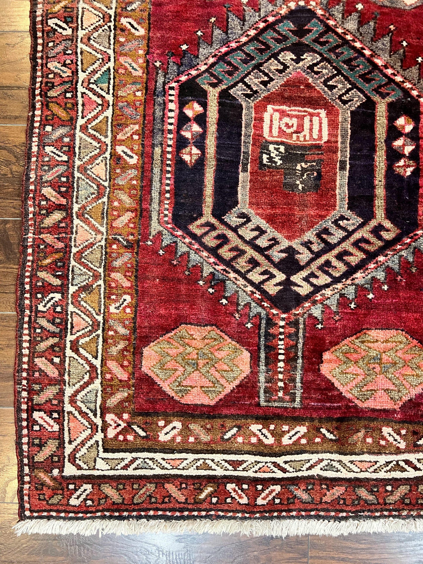 Persian Heriz Runner Rug 3.8 x 8.6, Geometric Design, Large Triple Medallions, Hand Knotted Handmade Vintage Wool Hallway Rug, Red