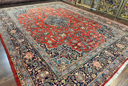 Red Persian Kashan Rug 10x14, Hand-Knotted Semi Antique Floral Medallion Handmade Wool Carpet, Red & Navy Blue