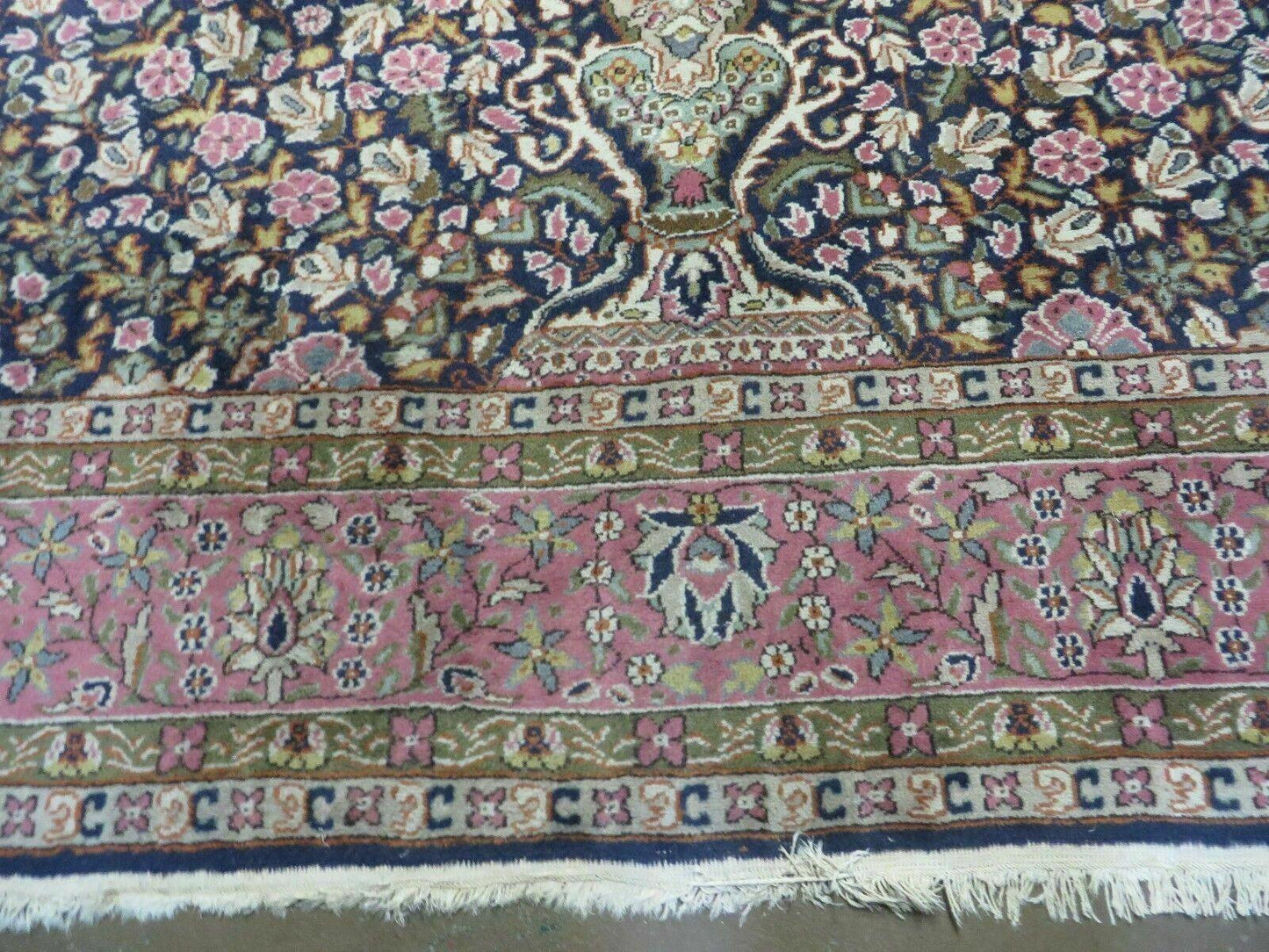 Turkish Sivas Rug 7x11, Navy Blue & Pink, Millifluer Floral Wool Carpet, Vintage