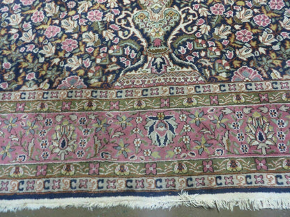 Turkish Sivas Rug 7x11, Navy Blue & Pink, Millifluer Floral Wool Carpet, Vintage