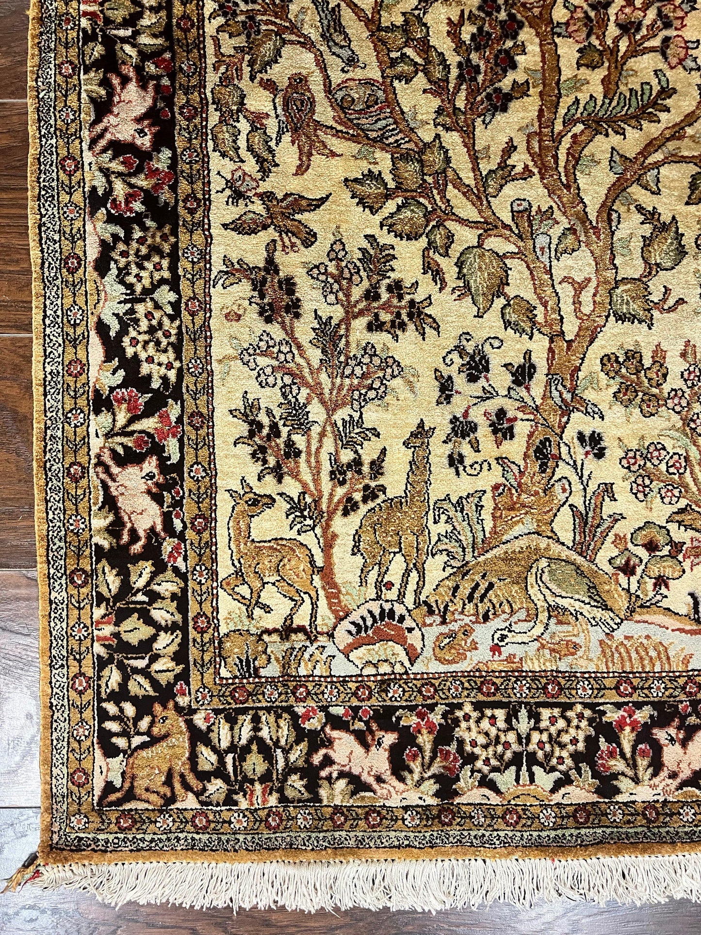 Silk Tree of Life Persian Qum Rug 3x4, Hand Knotted Vintage Carpet, Cream & Black, Very Fine Oriental Rug, Animal Pictorials, Birds