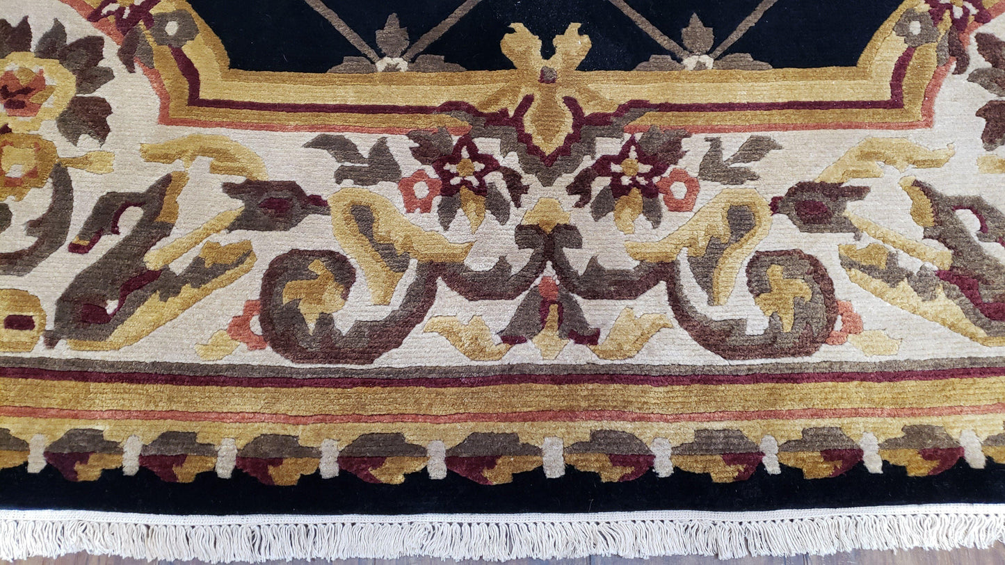 Nepal Rug 6x9 Hand Knotted Wool Aubusson Area Rug Black Beige Tibetan Savonnerie Style