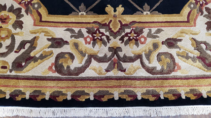 Nepal Rug 6x9 Hand Knotted Wool Aubusson Area Rug Black Beige Tibetan Savonnerie Style