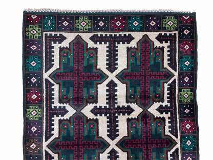 Vintage Handmade Baluchi Wool Rug Afghan Tribal Carpet Red Beige Green 3 By 4 Feet