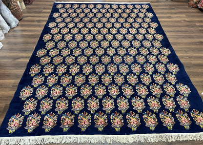 Persian Rug 9x12, Authentic Hand Knotted Carpet, Repeated Floral Motif Garden of Eden, Navy Blue Wool Rug 9 x 12, Semi Antique Kirman Rug