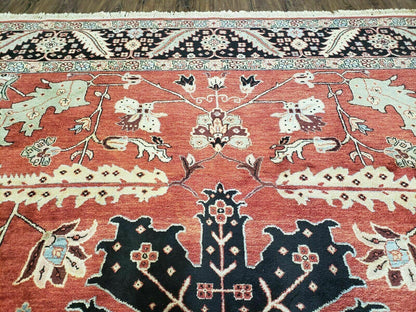Vintage Handmade Turkish Wool Rug 9 Foot 10 Inch By 14 Foot 2 Inch Hand Knotted Red Black Floral