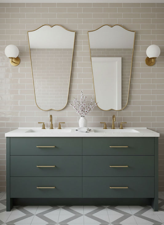 Gentle Wave Crest brass mirror above double bathroom vanity