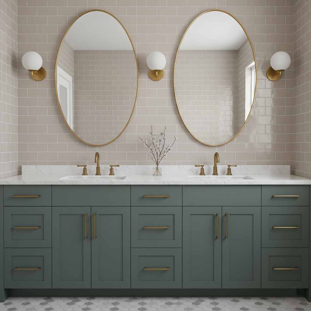 Brass oval mirrors above double bathroom vanity