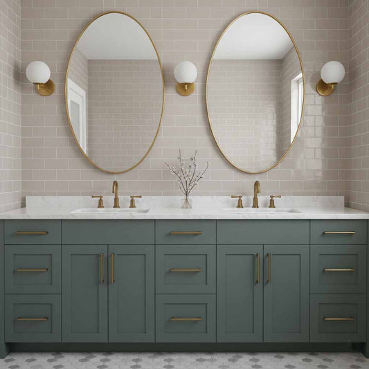 Brass oval mirrors above double bathroom vanity