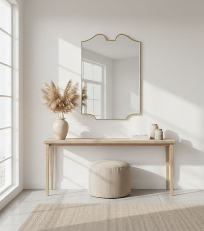 Twin-curve crest mirror styled in minimalist living space