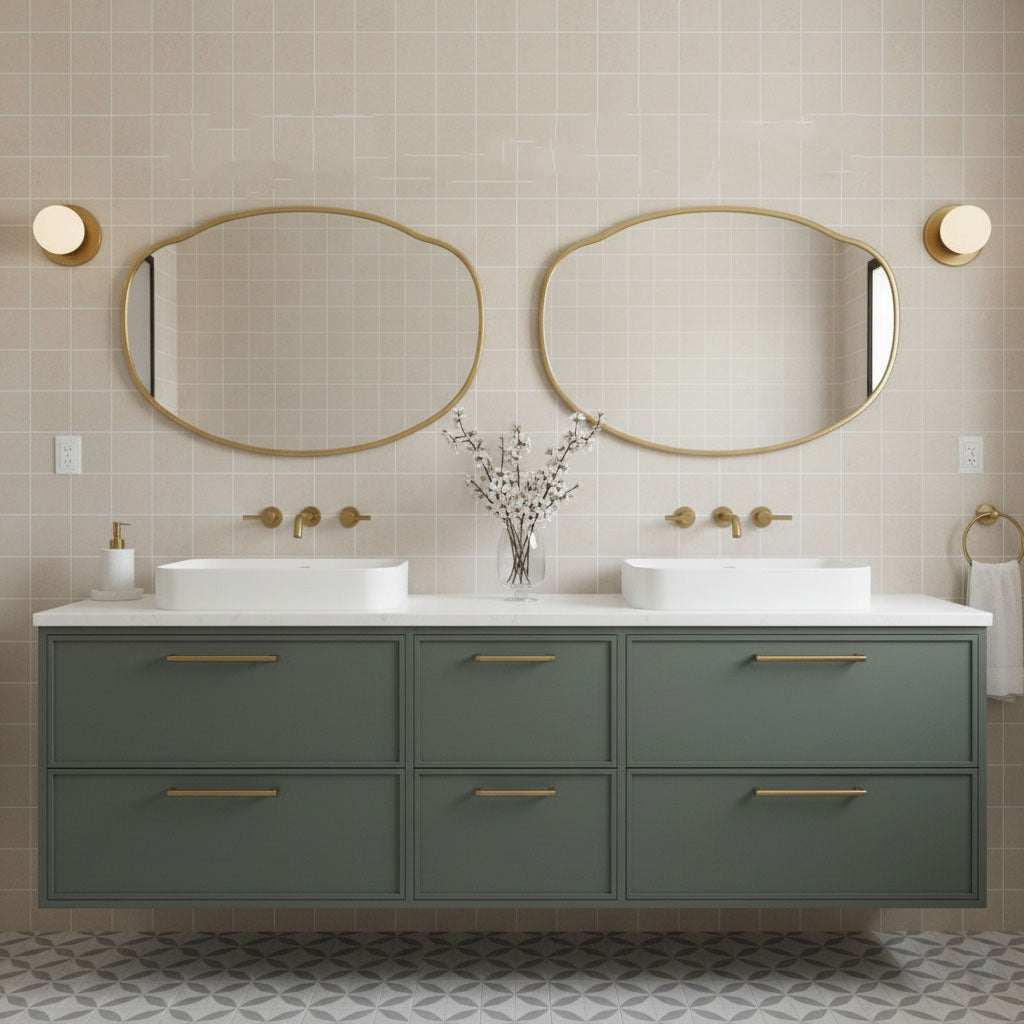 Double Belle Cloud brass mirrors over a double bathroom vanity