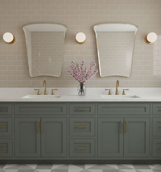 Pair of Tulip Crest brass mirrors above double vanity in elegant bathroom
